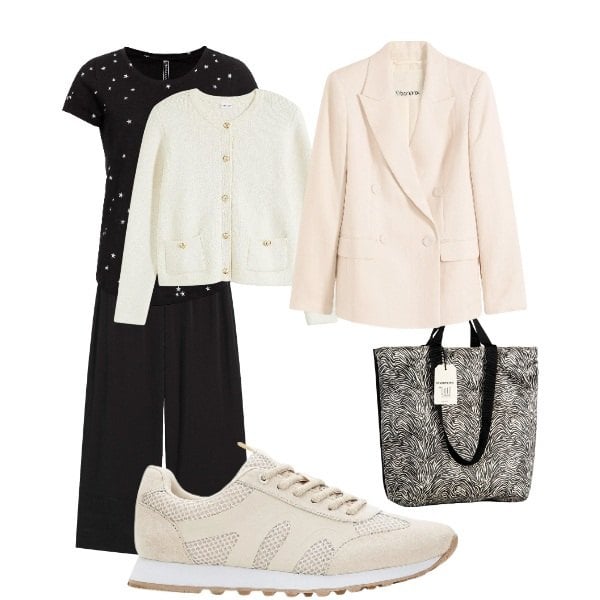 Outfit donna - a scuola oggi. Stile Basic per Scuola/Università. Abbinamento con cardigans, sneakers, pantaloni, maglieria, blazer, borse tote.