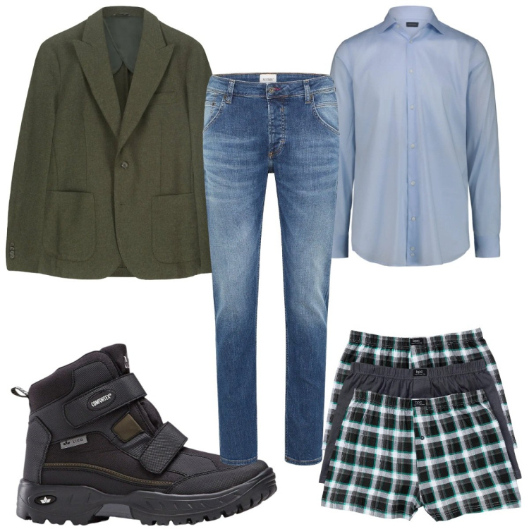 Outfit uomo - Total look #2328240. Stile Casual per Tutti i giorni. Abbinamento con stivali e stivaletti, boxer, jeans dritti, giacche, camicie.