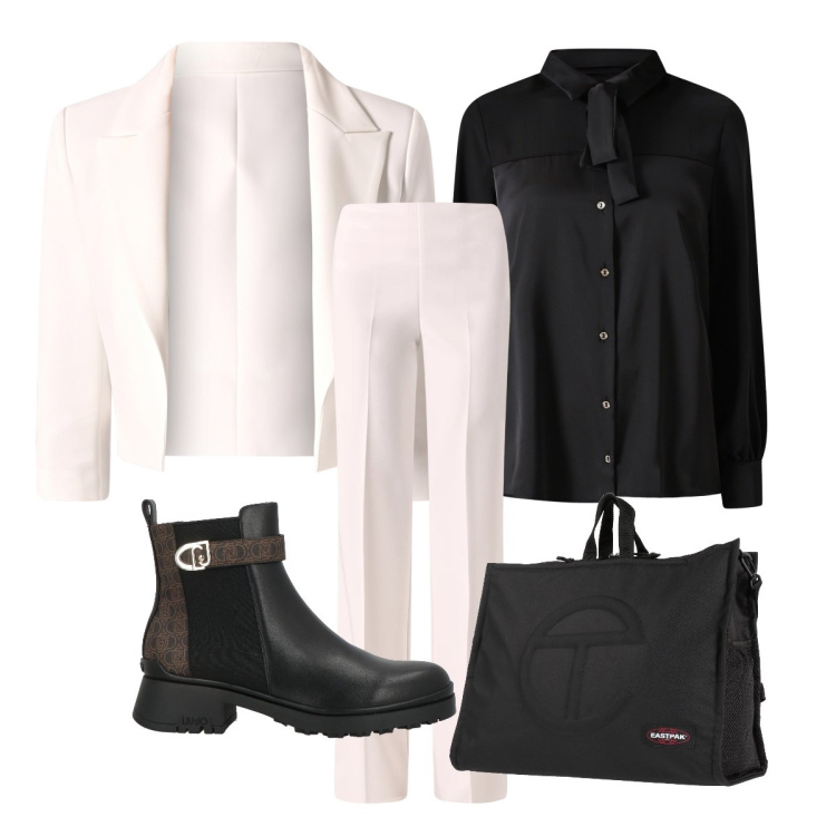 Outfit donna - White in ufficio a febbraio. Stile Mannish per Ufficio. Abbinamento con zaini, stivaletti chelsea, pantaloni a palazzo, blazer, camicie.