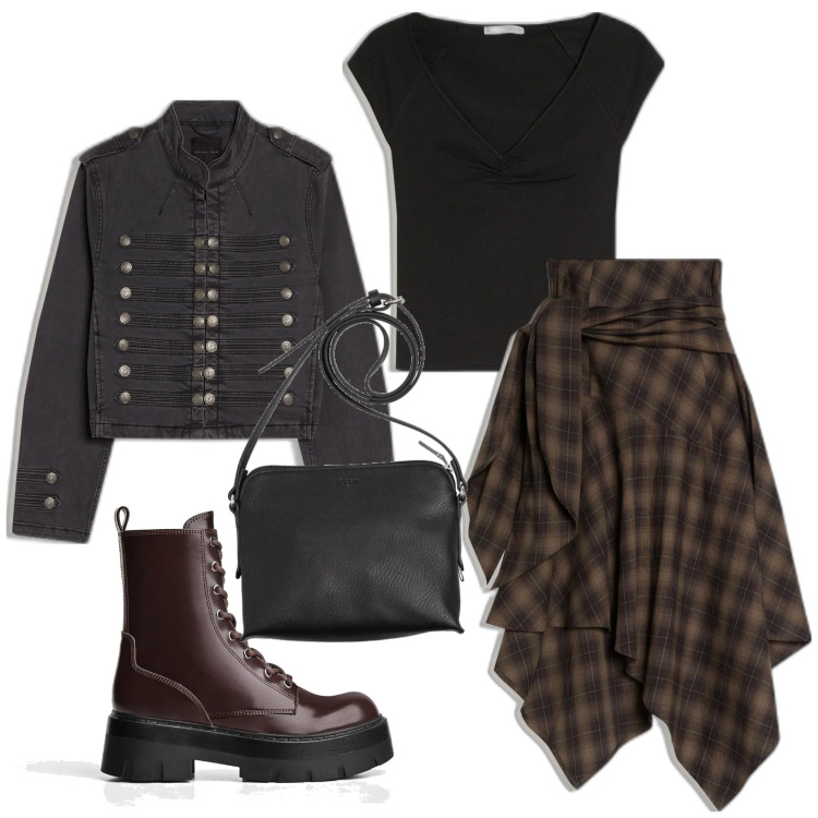 Outfit mujer - Vivienne Westwood. Estilo Trendy para Todos los días. Combinación con bolsos saco, botines, falda longuette, blazers, camiseta.