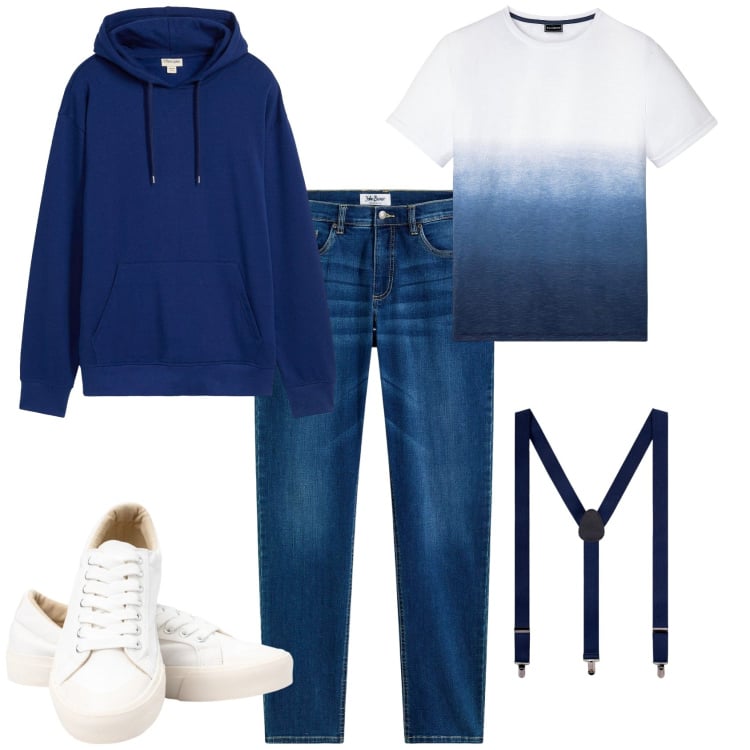 Outfit uomo - Tempo libero casual. Stile Casual per Tutti i giorni. Abbinamento con jeans, t-shirt, felpe con cappuccio, sneakers, bretelle.