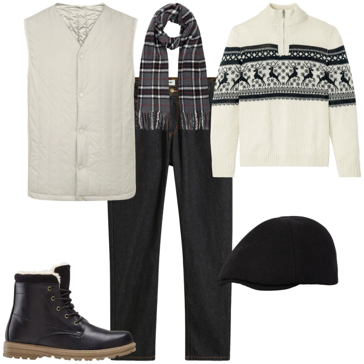 Outfit uomo - Trendy passeggiata in montagna. Stile Trendy per Tutti i giorni. Abbinamento con jeans dritti, maglieria, stivali e stivaletti, piumini, sciarpe, cappelli e berretti.