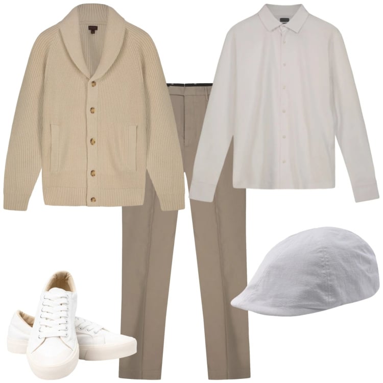 Outfit uomo - Trendy week end ufficio. Stile Trendy per Tutti i giorni. Abbinamento con sneakers, cappelli con visiera, pantaloni, polo, cardigans.