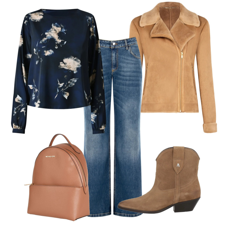 Outfit donna - Giornata poco fredda. Stile Casual chic per Tutti i giorni. Abbinamento con zaini, stivaletti texani, jeans, bluse, giacche.