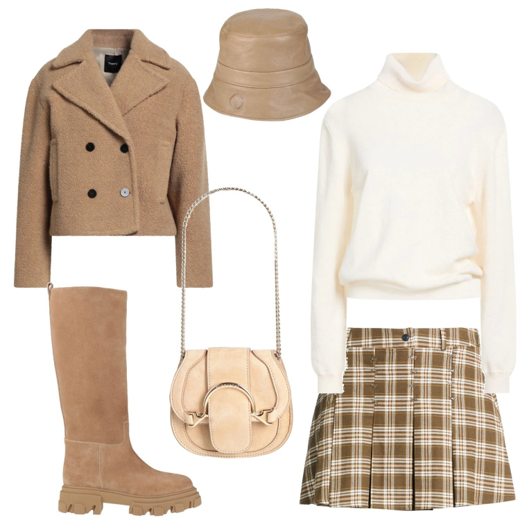 Outfit donna - Preppy glam. Stile Preppy per Tutti i giorni. Abbinamento con marsupi, maglieria, cappelli, minigonne, caban, stivali.