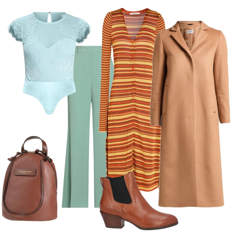 Outfit donna - Total look #2328287. Stile Casual chic per Tutti i giorni. Abbinamento con zaini, cardigans, cappotti, stivaletti chelsea, pantaloni, top.