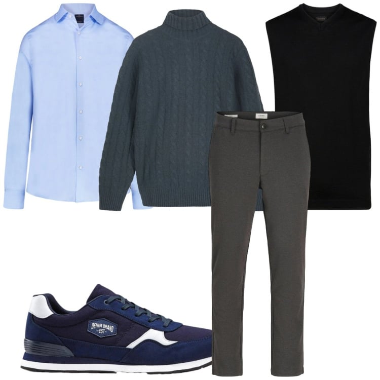 Outfit uomo - Total look #2328294. Stile Trendy per Tutti i giorni. Abbinamento con pantaloni chino, sneakers, camicie, gilet, maglieria.