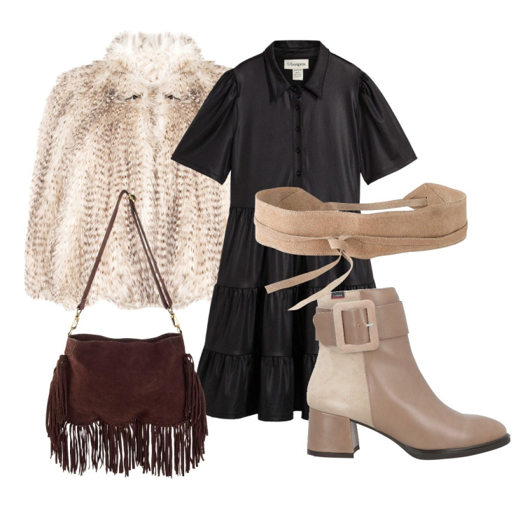 Outfit donna - Black and brown. Stile Romantica per Serata fuori. Abbinamento con cinture, borse a tracolla, vestiti corti, stivaletti, ecopellicce.
