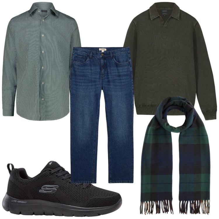 Outfit uomo - Total look #2328299. Stile Trendy per Tutti i giorni. Abbinamento con sneakers, jeans dritti, sciarpe, camicie, maglieria.