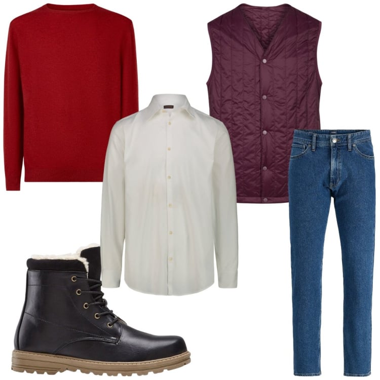 Outfit uomo - Total look #2328302. Stile Casual per Tutti i giorni. Abbinamento con stivali e stivaletti, jeans, piumini, maglieria, camicie.