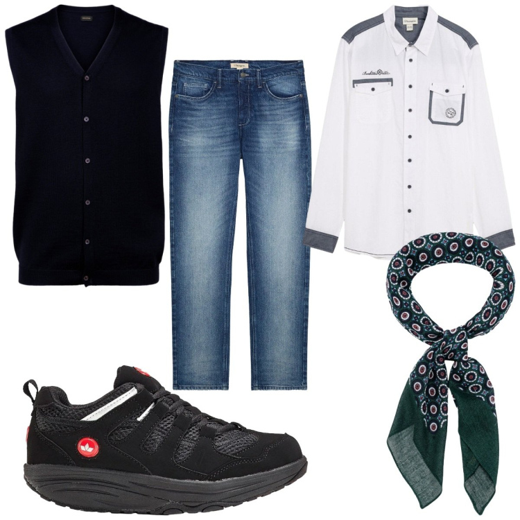 Outfit uomo - Total look #2328307. Stile Trendy per Tutti i giorni. Abbinamento con jeans dritti, sneakers, camicie, gilet, sciarpe e foulard.