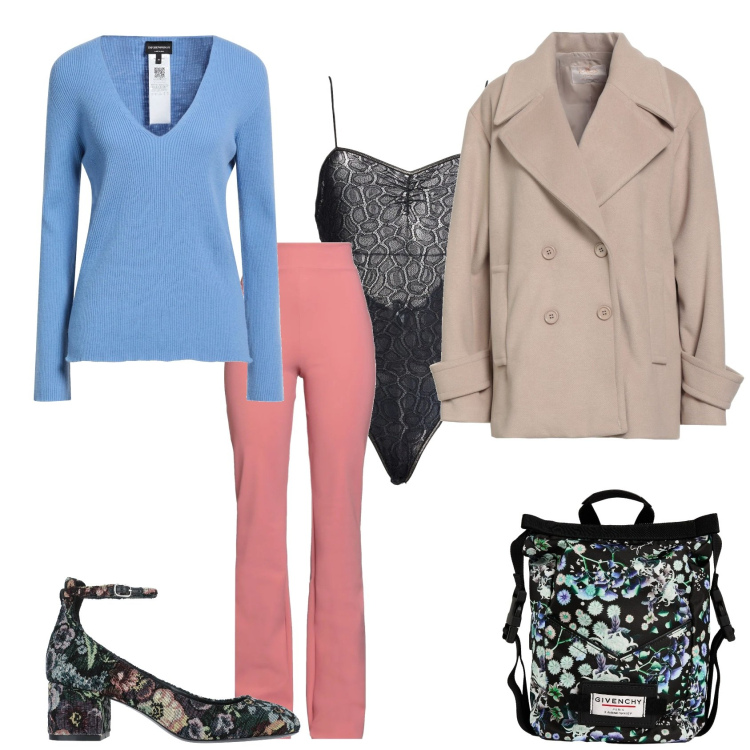 Outfit donna - Total look #2328310. Stile Chic per Ufficio. Abbinamento con décolleté, caban, pullovers, body, leggings, zaini.