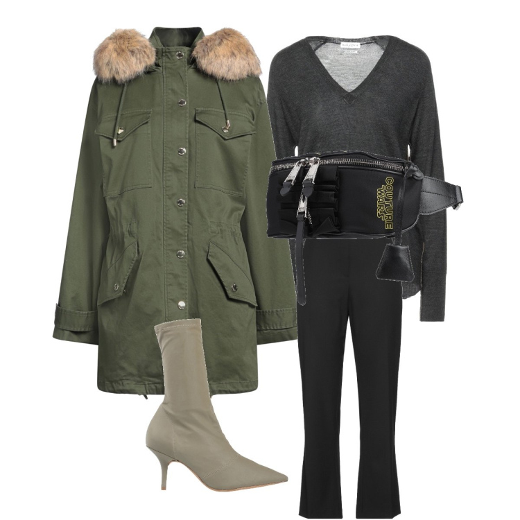Outfit donna - Military. Stile Military per Ufficio. Abbinamento con stivaletti, marsupi, pullovers, parka, pantaloni.
