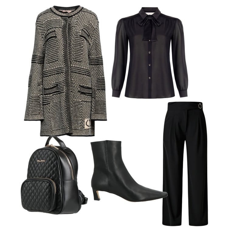 Outfit donna - Going to office. Stile Casual chic per Ufficio. Abbinamento con stivaletti, cappotti, zaini, camicie, pantaloni a palazzo.