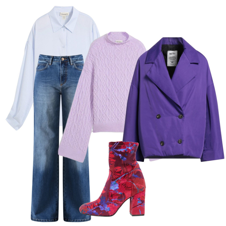 Outfit donna - Fuori tema. Stile Casual chic per Tutti i giorni. Abbinamento con camicie, maglieria, caban, stivaletti, jeans.