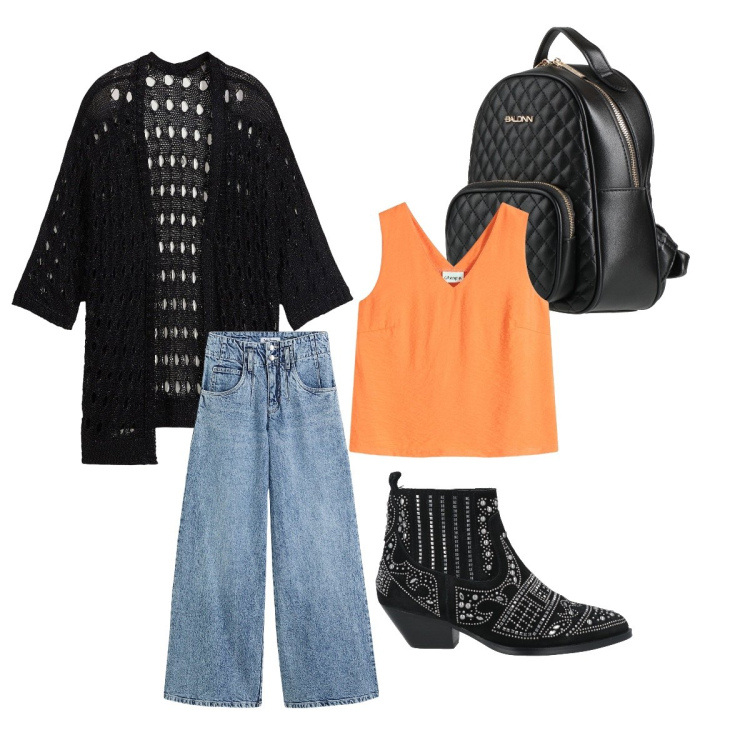 Outfit donna - Un po’ si colore in città. Stile Casual per Tutti i giorni. Abbinamento con jeans, top, cardigans, zaini, stivaletti.