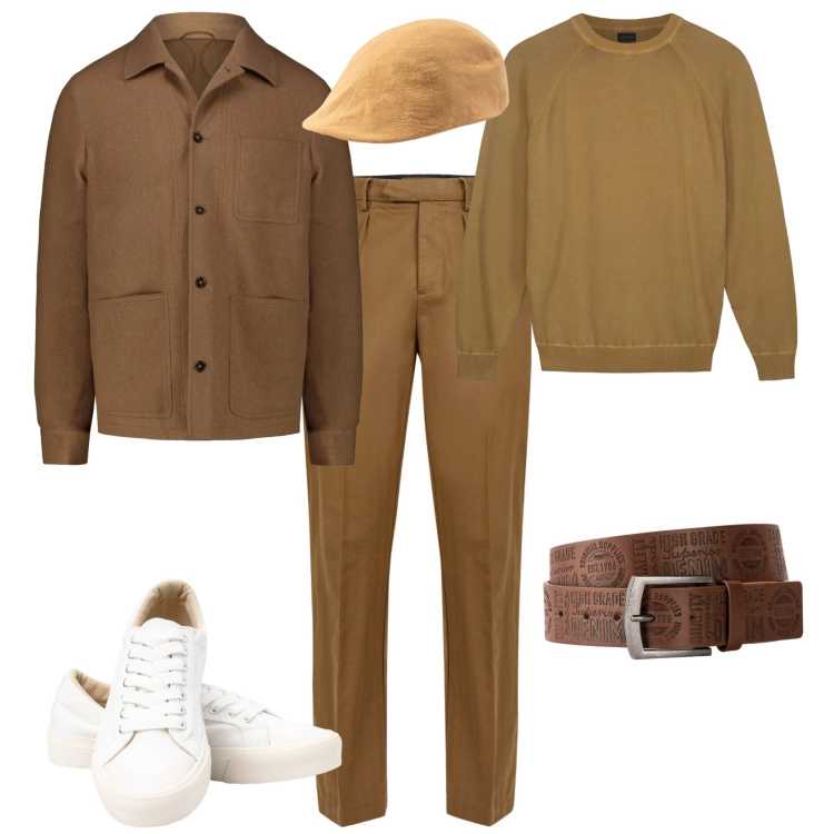 Outfit uomo - Trendy ufficio tempo libero. Stile Trendy per Tutti i giorni. Abbinamento con cinture, sneakers, pantaloni, maglieria, cappelli con visiera, cappotti.