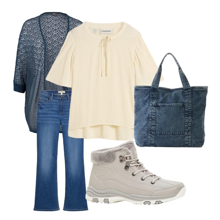 Outfit donna - Comoda, elegante praticamente casual chic. Stile Casual chic per Tutti i giorni. Abbinamento con cardigans, tuniche, shopping bag, jeans bootcut, stivaletti.
