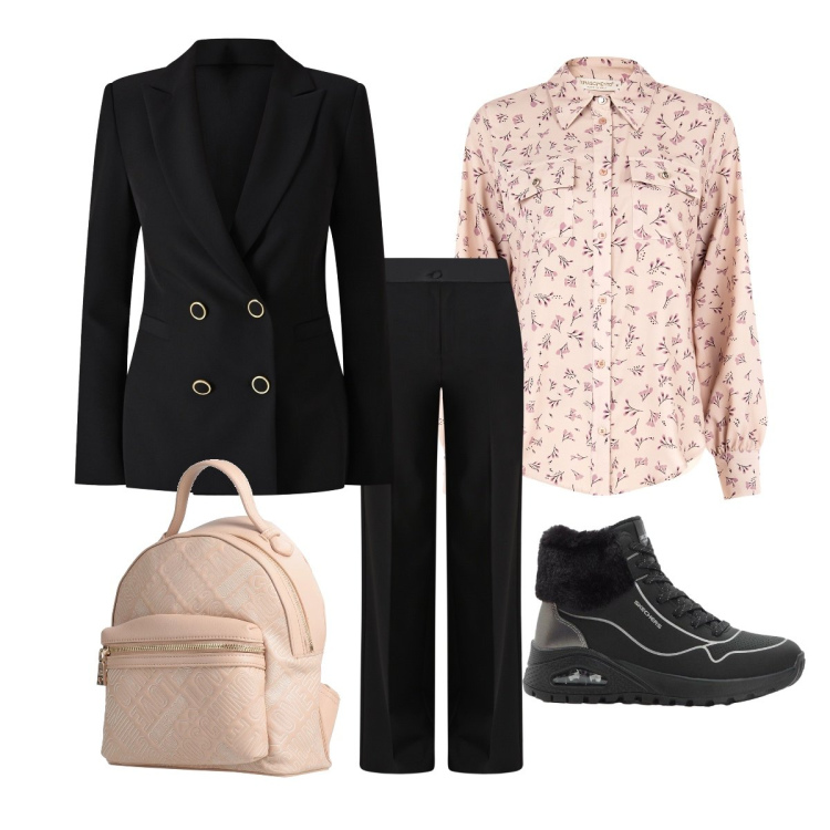 Outfit donna - Comoda in ufficio a febbraio. Stile Sporty chic per Ufficio. Abbinamento con sneakers alte, zaini, camicie, pantaloni a palazzo, blazer.