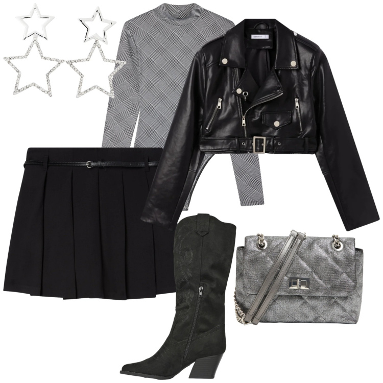 Outfit donna - Terranova s.valentino. per Serata fuori. Abbinamento con orecchini, minigonne, borse a tracolla, giacche, body, stivali.