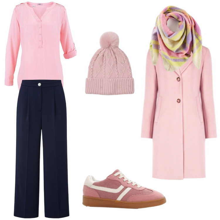 Outfit donna - Comoda in pink. Stile Casual chic per Ufficio. Abbinamento con tuniche, sneakers, sciarpe, cappotti, berretti, pantaloni a palazzo.