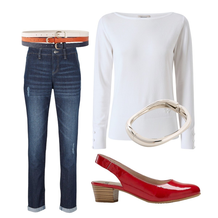 Outfit donna - Uno spritz! Grazie. Stile Basic per Serata fuori. Abbinamento con cinture, jeans boyfriend, décolleté, braccialetti, pullovers.