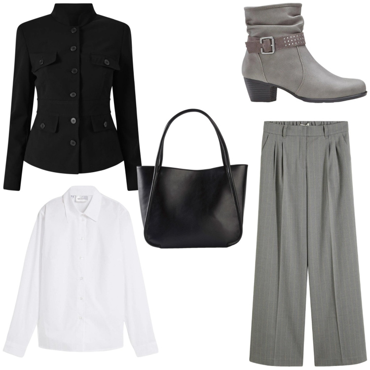 Outfit donna - Look confortevole e femminile. Stile Casual chic per Tutti i giorni. Abbinamento con camicie, stivaletti, pantaloni a palazzo, shopping bag, blazer.