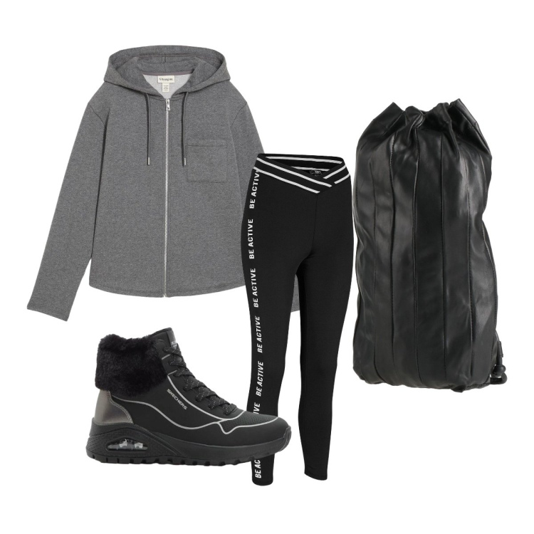 Outfit donna - Comoda e alla moda. Stile Sporty chic per Sport. Abbinamento con leggings, felpe con cappuccio, sneakers alte, zaini.