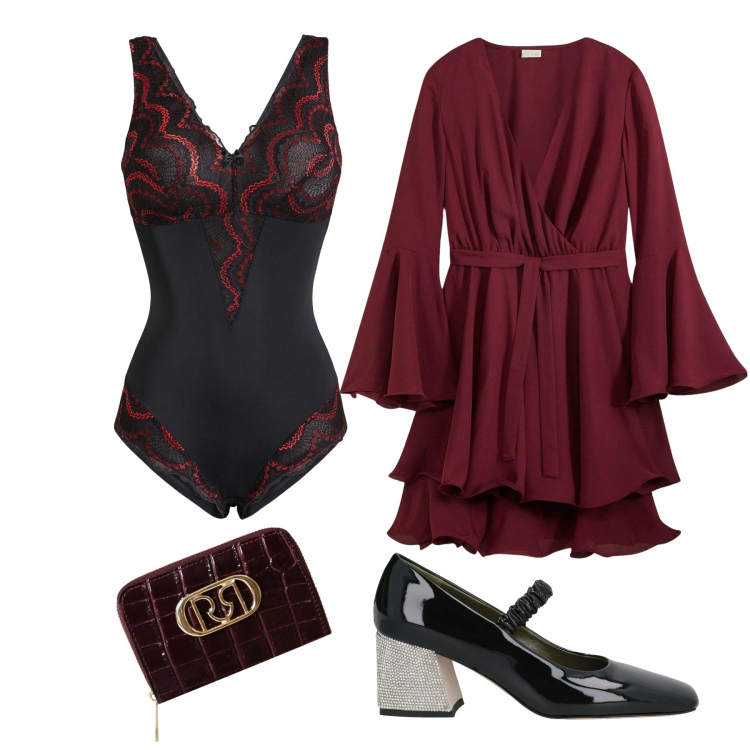 Outfit donna - Romantico borgogna. Stile Romantica per Serata fuori. Abbinamento con vestiti, body, décolleté, portafogli.