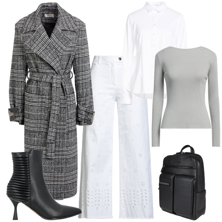 Outfit donna - Trendy ufficio tempo libero. Stile Trendy per Ufficio. Abbinamento con zaini, cappotti, camicie, pullovers, stivaletti, pantaloni.