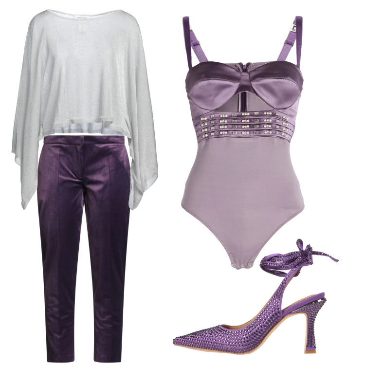 Outfit donna - Purple love. Stile Romantica per Serata fuori. Abbinamento con pantaloni, décolleté, pullovers, body.
