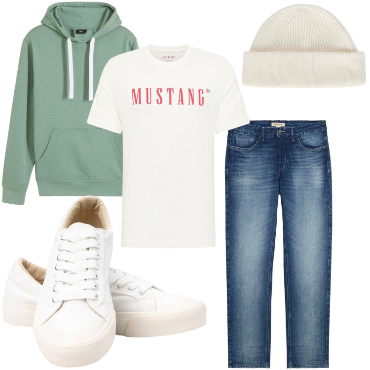 Outfit uomo - Casual in felpa. Stile Casual per Tutti i giorni. Abbinamento con felpe con cappuccio, jeans dritti, t-shirt, sneakers, berretti.