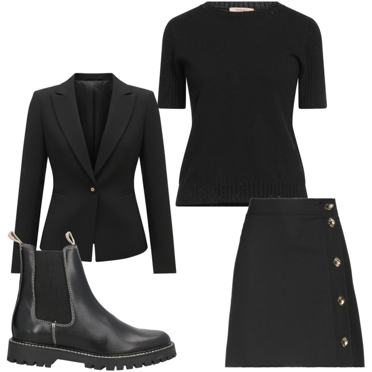 Outfit donna - Black casual chic. Stile Casual chic per Tutti i giorni. Abbinamento con minigonne, pullovers, stivaletti chelsea, blazer.