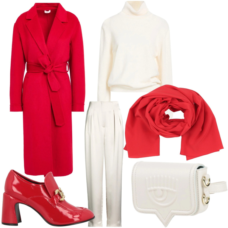 Outfit donna - Questione di rosso. Stile Chic per Serata fuori. Abbinamento con marsupi, maglieria, mocassini, pantaloni, cappotti, sciarpe.