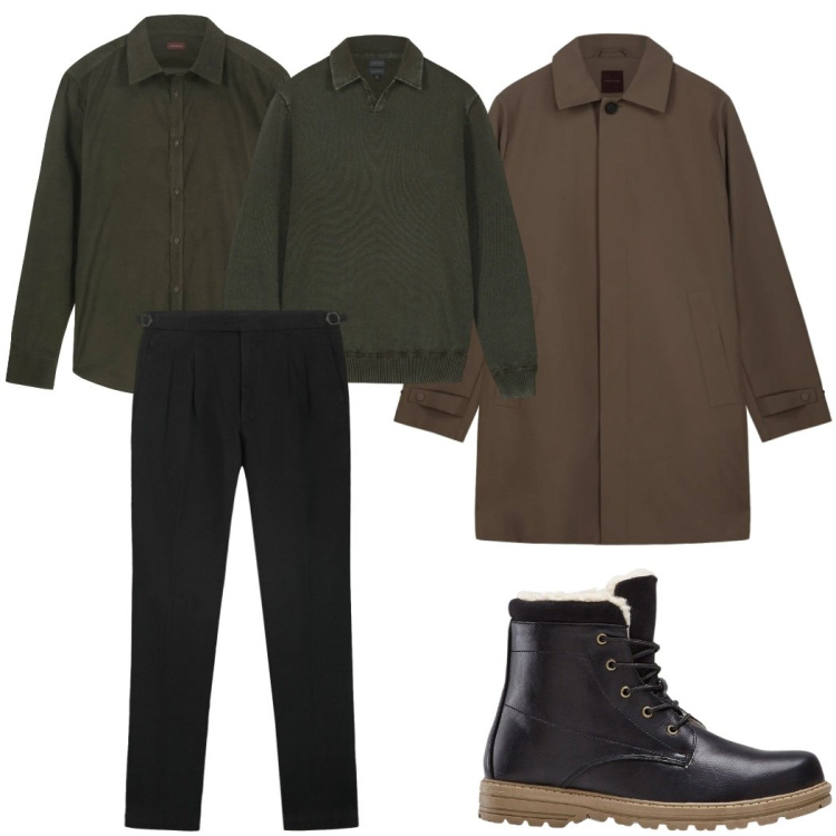 Outfit uomo - Total look #2328423. Stile Casual per Tutti i giorni. Abbinamento con stivali e stivaletti, trench, camicie, maglieria, pantaloni.