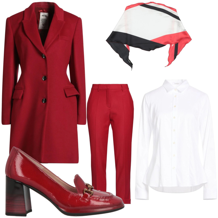Outfit donna - Febbraio. Stile Chic per Serata fuori. Abbinamento con pantaloni, mocassini, camicie, stole, cappotti.