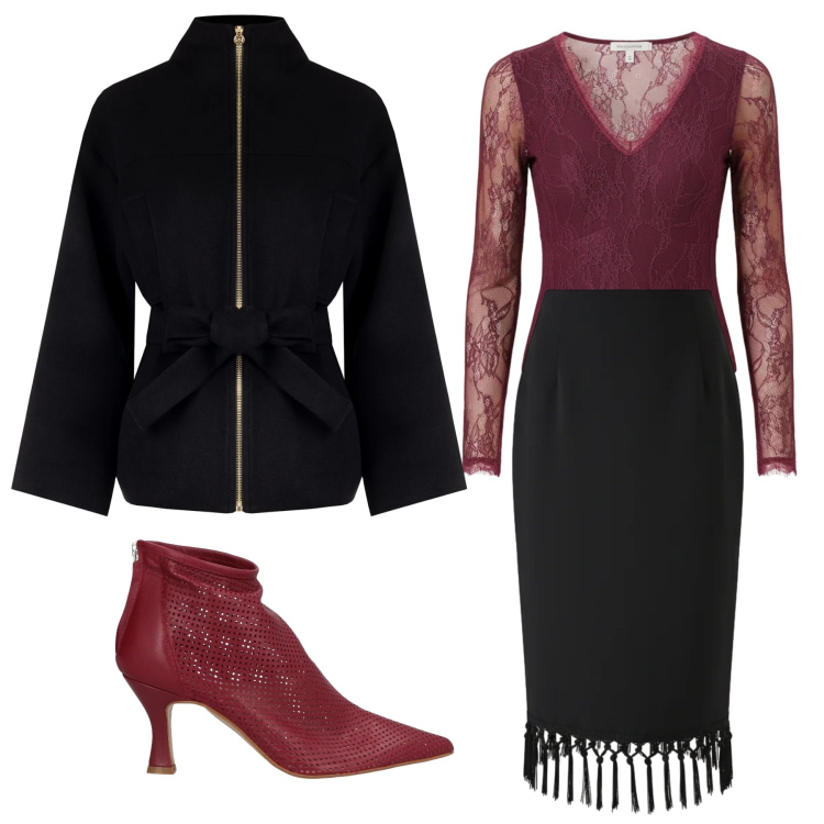 Outfit donna - Nero, bordeaux e frange. Stile Chic per Serata fuori. Abbinamento con stivaletti, blazer, bluse, gonne longuette.