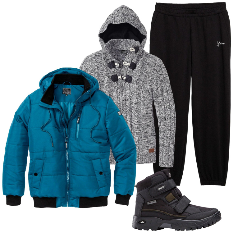 Outfit uomo - Mood nordico. Stile Casual per Tutti i giorni. Abbinamento con maglieria, stivali e stivaletti, bomber, pantaloni sportivi.