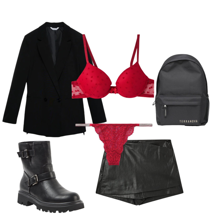 Outfit donna - San Valentino Audace. Stile Rock per Serata fuori. Abbinamento con reggiseni push-up, minigonne, stivaletti, culotte, zaini, blazer.