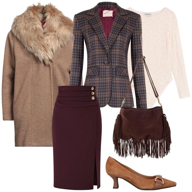 Outfit donna - In ufficio. Stile Casual chic per Ufficio. Abbinamento con borse a tracolla, body, cappotti, décolleté, blazer, gonne longuette.