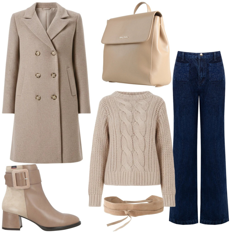 Outfit donna - Coat e jeans. Stile Casual chic per Tutti i giorni. Abbinamento con cinture, zaini, stivaletti, jeans, cappotti, maglieria.