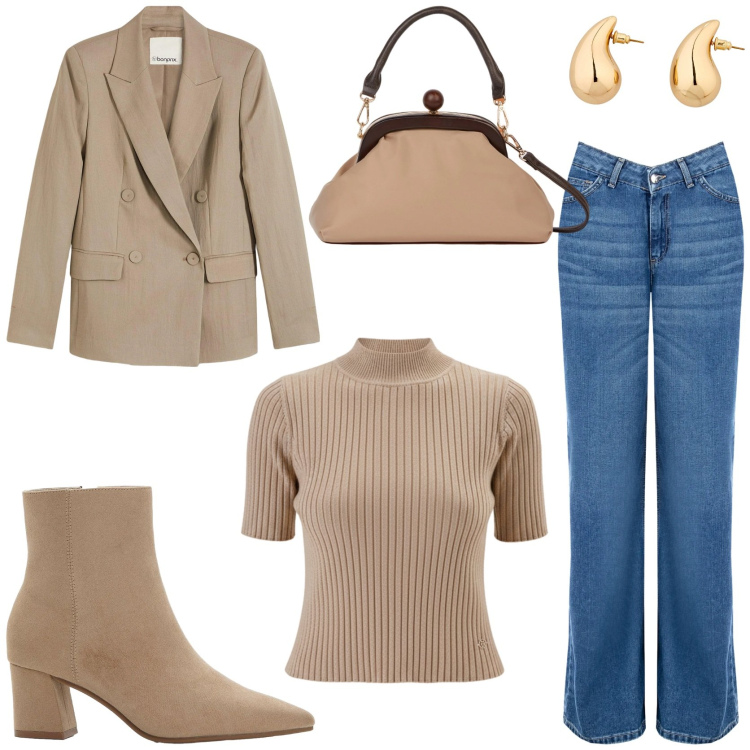 Outfit donna - Camel blazer e jeans. Stile Chic per Tutti i giorni. Abbinamento con orecchini, blazer, stivaletti, jeans, pullovers, clutch.