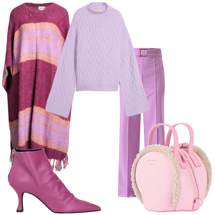 Outfit donna - Il mix di rosa. Stile Glamour per Tutti i giorni. Abbinamento con maglieria, zaini, stivaletti, cappe, pantaloni.