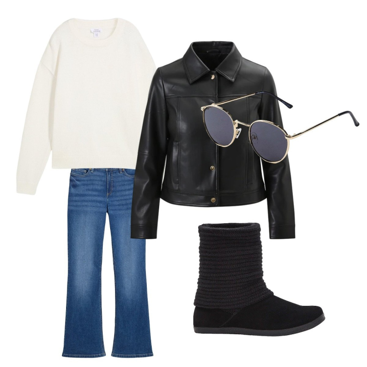 Outfit donna - Giubbotto effetto pelle. Stile Basic per Tutti i giorni. Abbinamento con stivali, occhiali da sole, jeans bootcut, maglieria, giacche.