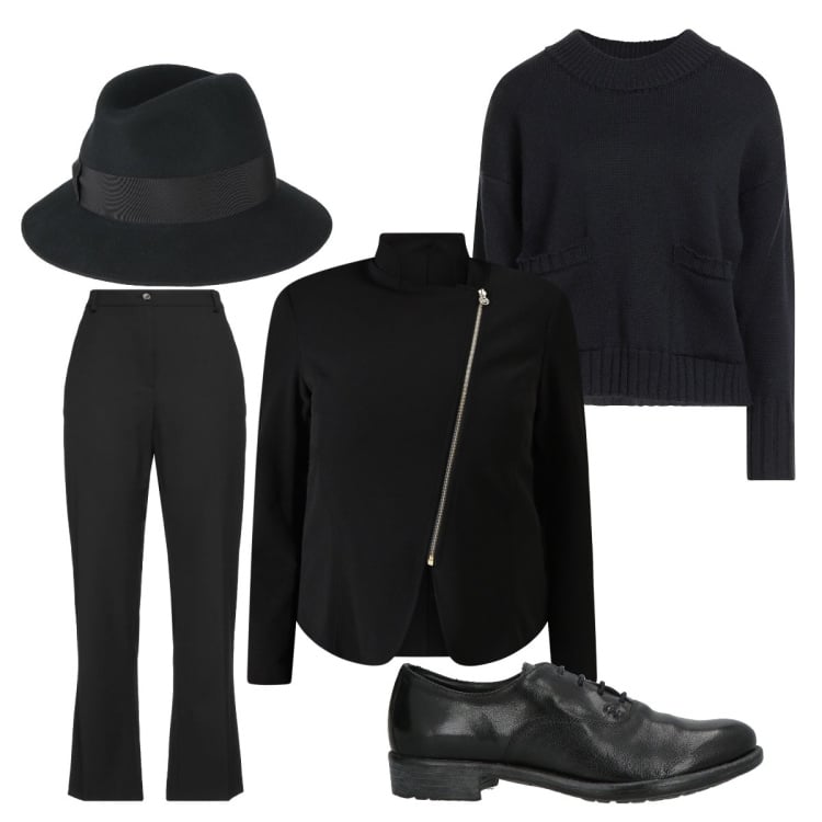 Outfit donna - Vestirsi come lui. Stile Mannish per Ufficio. Abbinamento con cappelli, pullovers, scarpe stringate, pantaloni, blazer.