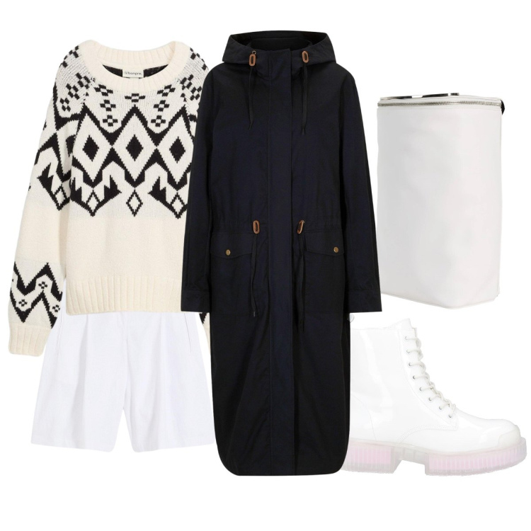 Outfit donna - Cappotto lungo. Stile Minimal per Tutti i giorni. Abbinamento con parka, shorts, maglieria, zaini, stivaletti.