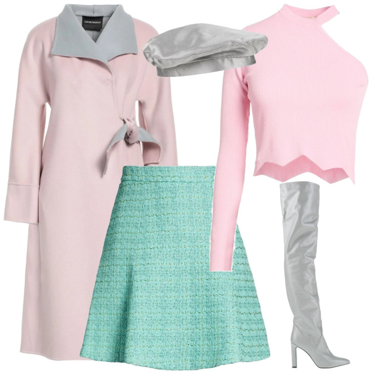 Outfit donna - Toni pastello. Stile Trendy per Tutti i giorni. Abbinamento con stivali sopra il ginocchio, cappotti, cappelli e berretti, top, minigonne.