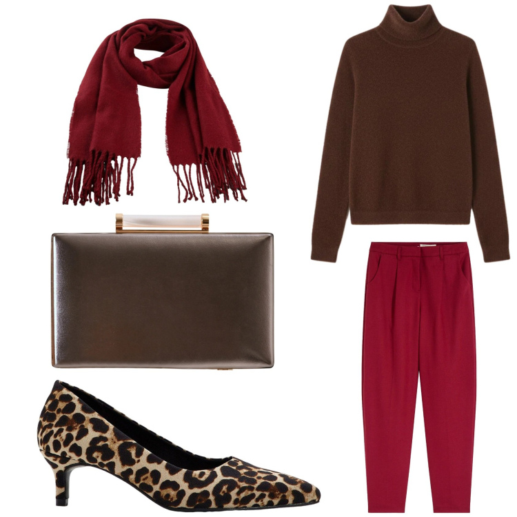 Outfit donna - Rosso e marrone.. Stile Casual chic per Tutti i giorni. Abbinamento con sciarpe, décolleté, pantaloni, clutch, pullovers.