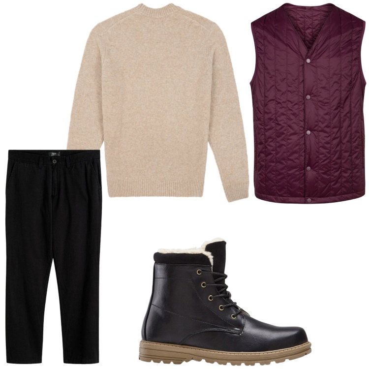 Outfit uomo - Trendy. Stile Trendy per Tutti i giorni. Abbinamento con pantaloni chino, stivali e stivaletti, piumini, maglieria.