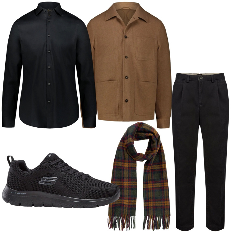 Outfit uomo - Black e brown. Stile Casual per Serata speciale. Abbinamento con sneakers, camicie, pantaloni, sciarpe, cappotti.